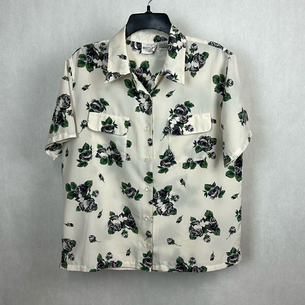 Vtg Bentley Womens Floral Blouse Sz Medium Top Button Front Shirt 90s 80s Cream